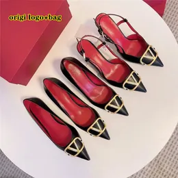 2023 Women Pointed Toe Stiletto Sandals Female Hollow Metal V-buckle Real Leather High-heeled Shoes 6cm 8cm 10cm Summer Classics Lady Wedding Shoes with Dust Bag