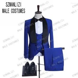 Men's Suits Custom Made Groomsmen Royal Blue Groom Tuxedos 2023 Double Breasted Vest Men Wedding Man Blazer ( Jacket Pants )
