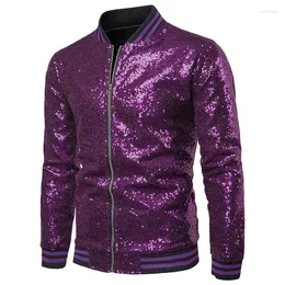 Men's Jackets Purple Sequin Varsity Coats For Men 70s Disco Dance Shiny Glitter Jacket Nightclub Stage Prom Bomber Male