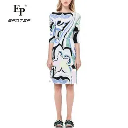 Dress Efatzp New Autumn Fashion Designer Dress Women's 3/4 Sleeves Multicolor Geometric Print Stretch Jersey Slim Silk Day Dress