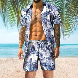 Men's Tracksuits Hawaiian Breathable Cardiagn 2 Piece Set Leaf Print Men Tracksuit Loose Sets Summer Beachwear Ensemble Homme Vacation