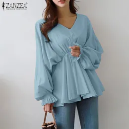 Sets Frauen Hohe Taille Ol Blusen Mode Puff Sleeve Shirts Zanzea 2023 Casual V-ausschnitt Rüschen Blusas Weibliche Solide tunika