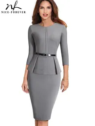 Платья Niceforever, винтажная элегантная одежда для работы с поясом, баской, Vestidos, деловая вечеринка, облегающее офисное женское платье B473