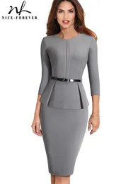 Klänningar niceForever vintage elegant slitage för att arbeta med Belt Peplum Vestidos Business Party Bodycon Office Career Women Dress B473