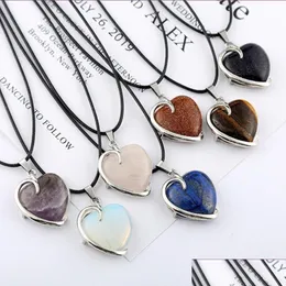 Pendant Necklaces Wholesale 10 Pcs Sier Plated Love Heart Tiger Eye Stone Link Chain Necklace Lapis Lazi Romantic Style Jewelry Drop Dhw2U