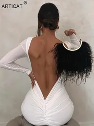 Dresses Articat Sexy Backless Ruched Maxi Dress Women White Long Sleeve Evening Dresses Female Autumn Skinny Elegant Party Clubwear 2022