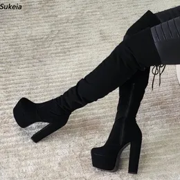 Sukeia Handmade Women Over Knee Boots Platform Chunky Heel Round Toe Elegant Black Party Shoes Ladies US Plus Size 5-20
