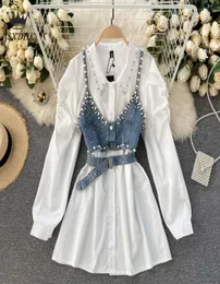 Casual Dresses 2021 HighEnd White Shirt Dress Female Lapel Diamond Pearl Luxury Short Denim Vest Chic Two Piece Sets Fashion1725131