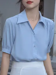 Camisas moda feminina blusa decote em v manga curta bufante blusas femininas bonitas e baratas 2022 verão chiffon camisas ol roupas femininas