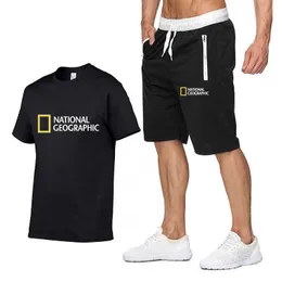 Agasalhos de treino 2023 novo verão masculino camiseta de algodão shorts National Geographic duas peças roupas esportivas casuais P230603