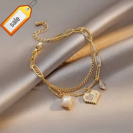 Joias femininas cheias de ouro, camada dupla, corrente, pingente de coração, corrente, água doce, pérola, pulseira feminina