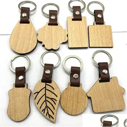 Key Rings Simple Style Wooden Keychain Men Personalise Diy Blank Mti Shaped Pendant Leather Kay Chain Handmade Jewelry Gifts Drop Del Dhha8