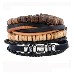 Charm Bracelets Mens Genuine Leather Bracelet Diy Pu Mtilayer Wood Bead Braid Beading Combination Suit 4Styles/1Set Drop Delivery Jew Dhg16