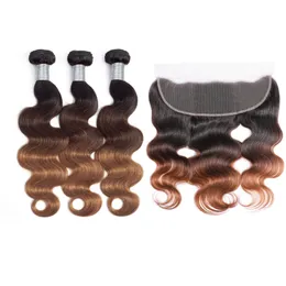 Peruvian Virgin Hair Extensions 3 Bundles With 13X4 Lace Frontal Free Part 4Pcs 1B/4/30 Body Wave Yirubeauty