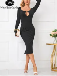 Casual Dresses Asia Black Midi Dress Hollow Out Sexy O Neck Long Sleeve Solid Low Cut High Wait Elastic Split Party Club Wear Vestidos