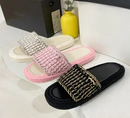 Tan Pink platform slides Women Sandal Slippers Tweed Gold Silver Cord Mules Slip Espadrille Interlocking C Flats Logo Sandals Desi4848812
