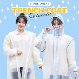 Raincoats 1PC EVA Transparent Trench Coat Raincoat Waterproof Rain Women Men Camping Rainwear Suit With Mask Drop 230603