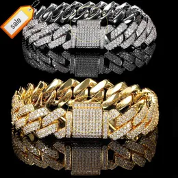 Hip Hop Rap Women Men Jewelry Wholesale 18k Gold Plated 14mm Iced Out Zircon Cz Bling Diamond Prong Ronbus Cuban Bracelet