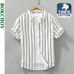 Camisas casuais masculinas 2023 camisa listrada de verão para roupas masculinas de algodão fresco manga curta fina streetwear