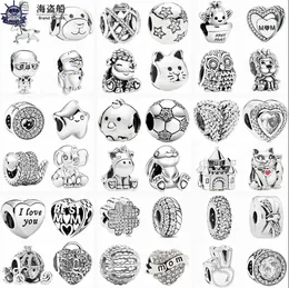 Dla Pandora Charms Authentic 925 Srebrne koraliki Nowy srebrny kolor Lucky Cat Feather Owl Castle DIY Bead