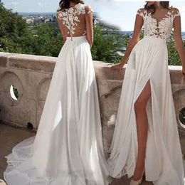 الفساتين غير الرسمية فستان زفاف الشاطئ 2022 تقسيم الجانب العلوي الدانتيل بوهو فستان مثير مثير الزفاف ثوب الزفاف