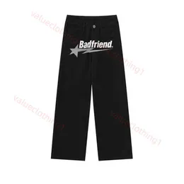 Bad Friend-byxor Streetwear Y2k jeans med raka tryck för män Oversized Casual Retro Hip Hop-byxor med vida ben
