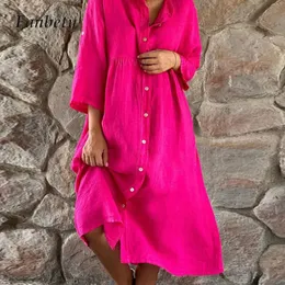 Dresses Vintage Cotton Linen Shirt Dress Women Fashion Singlebreasted Button Long Dress 2023 Casual 3/4 Sleeve Solid Loose Party Dress