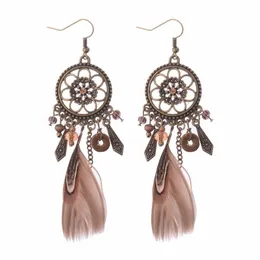 Lustre pendente Amader Retro Dreamcatcher em forma de pena pingente brincos redondos para mulheres estilo étnico Orecchini Etnici Drop Del Dhurw