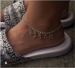 Hip hop Women BITCH Crystal Anklets Bracelet Tennis Letter DIY Jewelry Silver Color Gold Foot Beach Leg Chain Barefoot Ankle T20098979764
