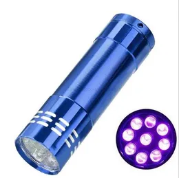 Mini torcia UV a 9 LED Ultravioletta Escursionismo Ciclismo Torcia Luce ultravioletta Rilevazione denaro LED Lampada UV con scatola
