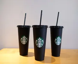 Starbucks 24oz710ml Tazas de plástico Vaso Reutilizable Negro Beber Copa de fondo plano Forma de pilar Tapa Copas de paja 50 piezas 12297848
