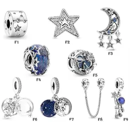 NEW 925 Sterling Silver Fit Pandora Charms Bracelets Blue Stars Moon Magic Night Sky Charms for European Women Wedding Original Fa245j