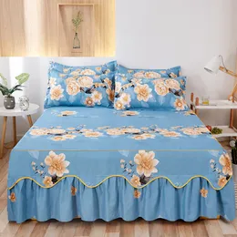 Set Bettwäsche-Rock-Set, 3-teiliges Kissenbezug-Flachbett-Rock-Blatt, Blumenmuster, Einzel-/Doppelbett/Königin/King-Size-Bett/150 x 200/180 x 200/180 x 220/200 x 220