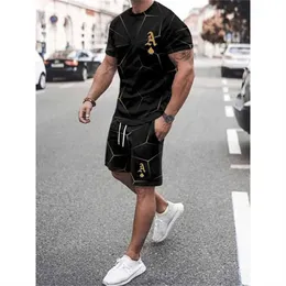 Men's Tracksuits Summer men's 3D letter stripe printing fashion short sleeved T-shirt casual breathable sportswear oversized 2-piece set P230603