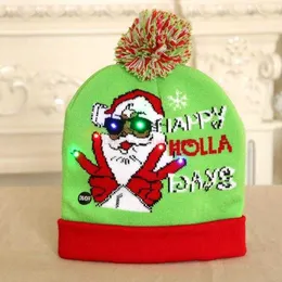 LED Christmas Beanies Lighting up Pom Hats Kids adults XMAS Gift Snowflake Knit Santa Hats Crochet Skull beanie with Lights Knitted Ball Cap decoration Headgear