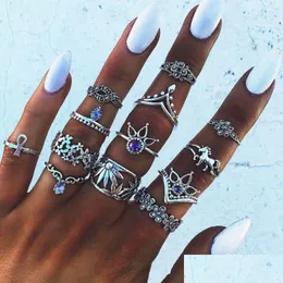 Band Rings 13Pcs/Set Vintage Knuckle For Women Boho Geometric Flower Crystal Ring Set Bohemian Midi Finger Jewelry Drop Delivery Dh9Va