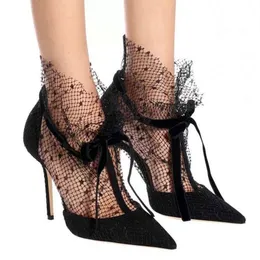 New Black Mesh Pumps Women Butterfly-knot Stiletto High Heels Pointed Toe Party Wedding Shoes Women Fashion Femmes Chaussures