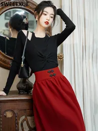 Work Dresses Two Piece Outfits 2023 Autumn Black Full Sleeve Hollow Out Halter Sweater And Chinese Skirt French Gentle 2 Set Women