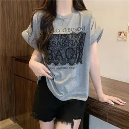 Women's T Shirts Women's Summer Pure Cotton T-shirt Lace Stitching Bottoming Basic Shirt Korean Letter Print Short Sleeve Loose Y2k Tops