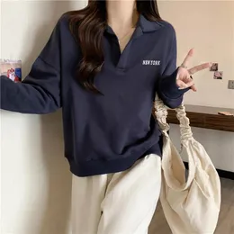 Skjortor Yasuk Autumn Winter Fashion Casual Polo Lapel Pullover Women's Loosetees AllMatch Simple Preppy Style School Student Sporty