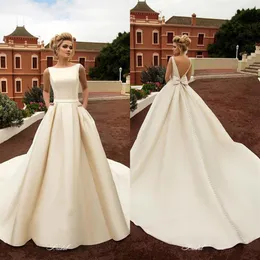 Elegante 2020 New Satin Beach Abiti da sposa con tasche Backless Bow Boho Beach Una linea Backless Wedding Dress Abiti da sposa 4616220P