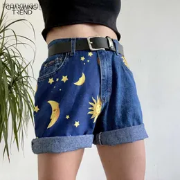 Женские шорты Fashion Moon Sun Print Ship Fit Denim Short для женщин 2022 Лето Новый Hemming Blue Boyfry Style Женские короткие штаны T230603