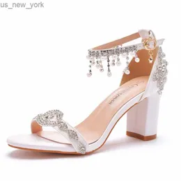 7CM 34-43 Rhinestone Sandals for Women Summer Peep Toe Sandals Ladies Fashion String Bead High Heels Sexy Wedges Wedding Shoes L230518