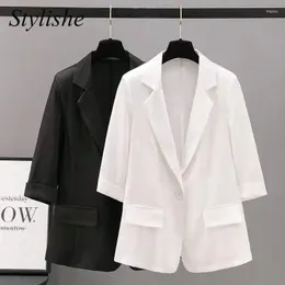Women's Suits Women Summer Blazer Coat White One Button Office Solid Thin Tops 3/4 Sleeves Cotton Blend Black Jackets Female Casual Chic