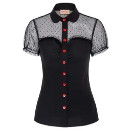 Shirts Belle Poque Women's Sheer 1950s Retro Vintage Shirts Polka Dots Mesh Rockabilly Blouse Short Sleeve Lapel Collar Patchwork Tops
