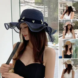 Wide Brim Hats Sun Hat Large Breathable Packable Protection Ruffle Edge Bow Ribbon Faux Pearl Decor Summer Beach Straw