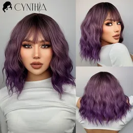 Cosplay Wigs Purple Ombre Short Bob Body Wave Synthetic Wigs For Women Cosplay Wig With Bangs White Synthet Natural Hair Lolita Pelucas 230602