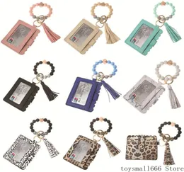 Fashion PU Leather Bracelet Wallet Keychain Party Favor Tassels Bangle Key Ring Holder Card Bag Silicone Beaded Wristlet Keychains8686530