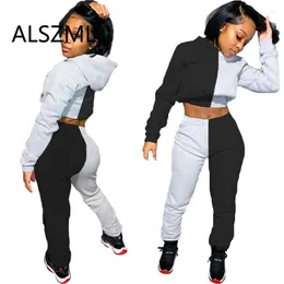 Women's Two Piece Pants Special Design Women Set Patchwork Hooded Crop Top And Long Pant Suit Ladies 2 Pieces Outfits For