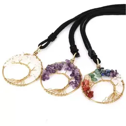 Pendant Necklaces Irregar Natural Stone Tree Of Life Crystal Yoga Chakra Necklace Fashion Jewelry Amethyst Clear Quartz Lapis Pendan Dhuzj